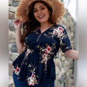 Peplum Flattering Floral Navy Top with Zipper Detail Plus Zipper Size 1XL